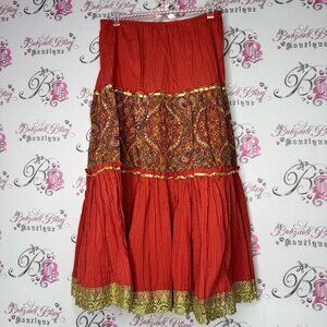 FWR USA skirt Bohemian Red and Gold Tiered Skirt shimmer paisley